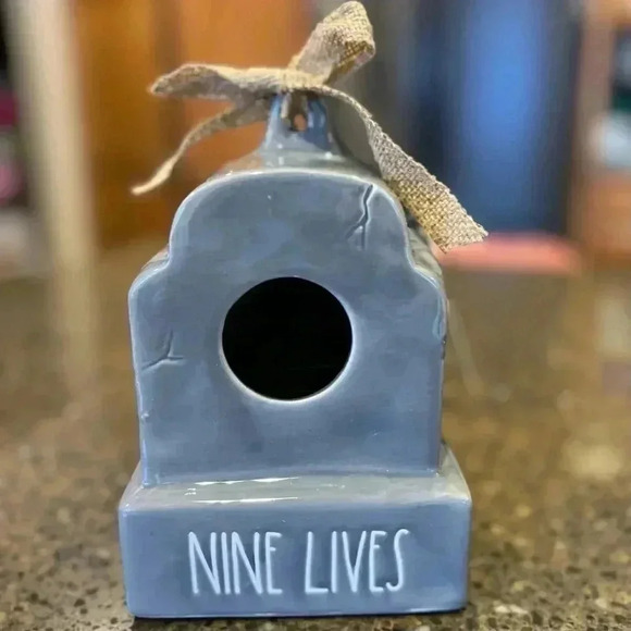 NEW Rae Dunn - NINE LIVES - Tombstone Ceramic Birdhouse / Home Decor - So Fun! - Picture 2 of 9